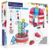 Box for Magna-Tiles Lighthouse Rescue set featuring colorful lighthouse pieces and a circular base, labeled 26 pcs.