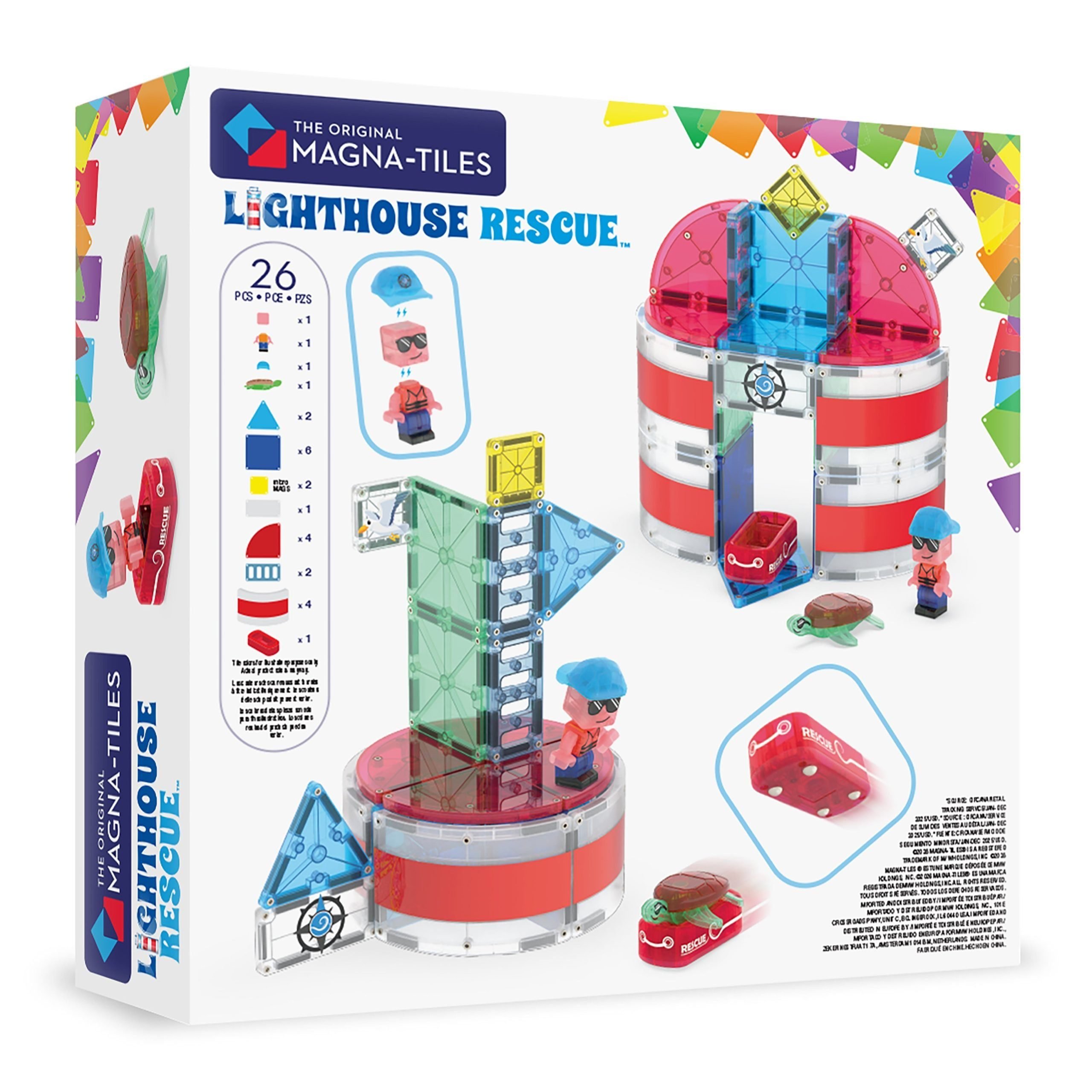Box for Magna-Tiles Lighthouse Rescue set featuring colorful lighthouse pieces and a circular base, labeled 26 pcs.